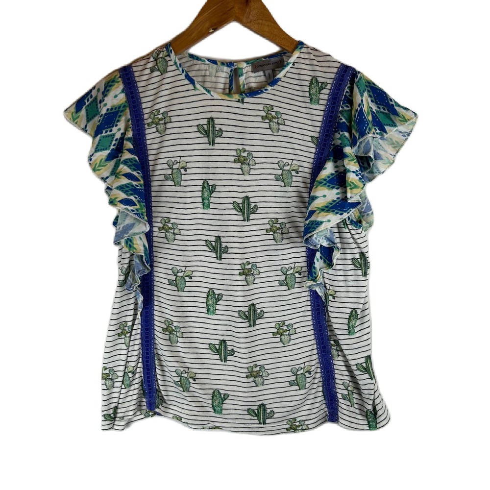 Conditions Apply Anthropologie Cactus Stripe Flutter Sleeve Blouse Small